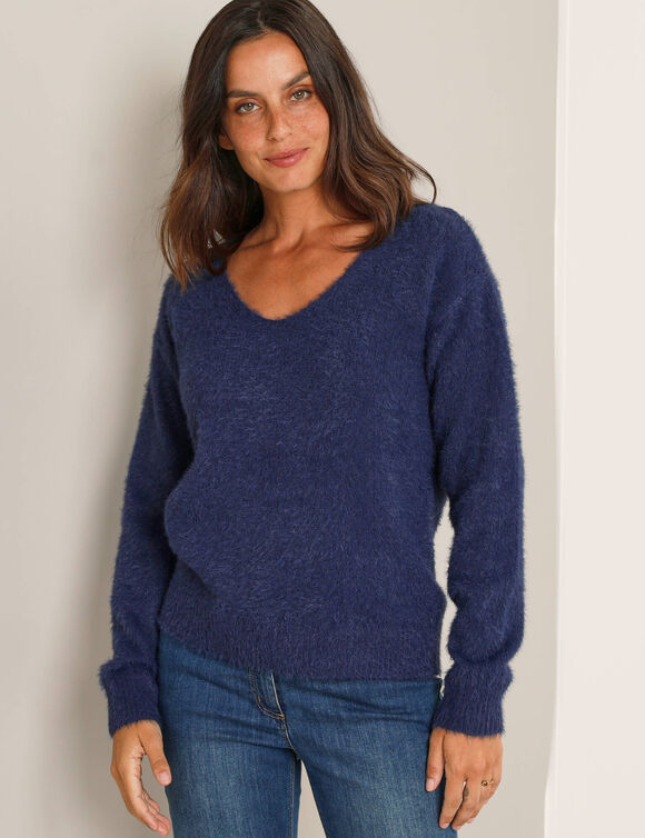 Pull décolleté dos avec liens à nouer, maille poilue (marine) Pull décolleté dos avec liens à nouer, maille poilue (marine)